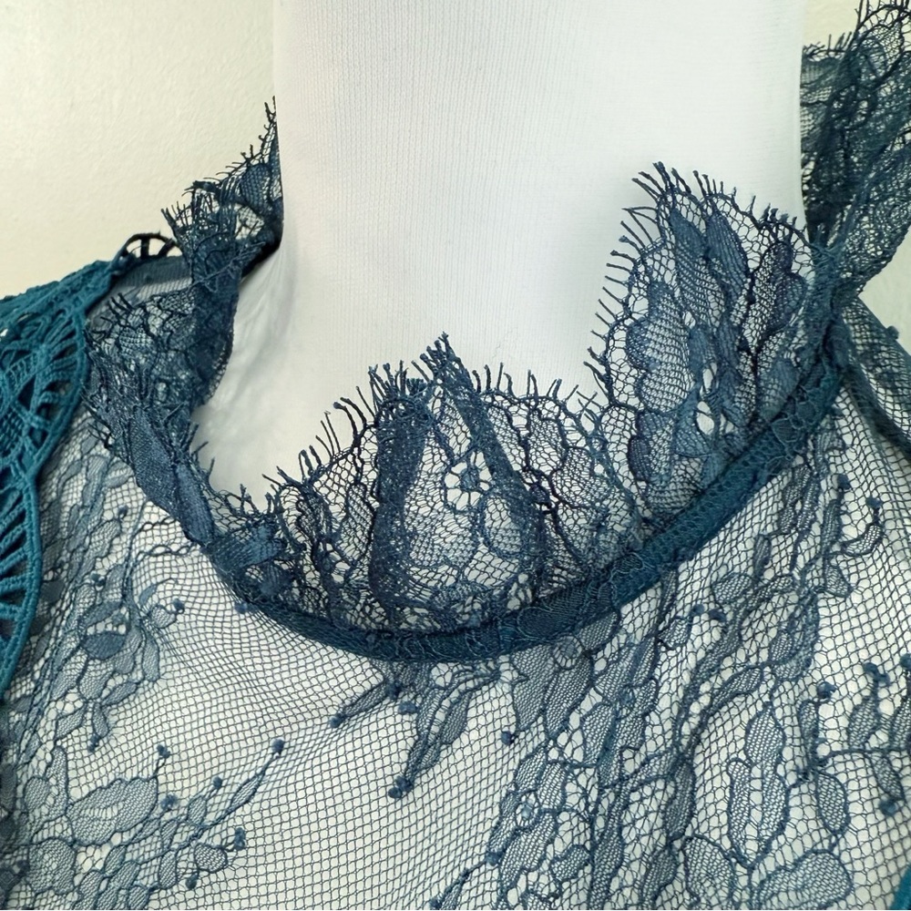 SANDRO BARTSIE TEAL LACE SHEER LONG SLEEVE MIDI DRESS - Picture 8 of 17